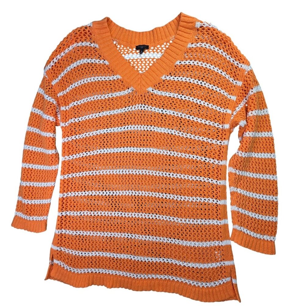 Talbots Sweater Womens 1X Orange White Striped Open Knit V Neck Cotton Tunic